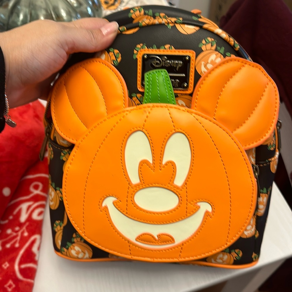 EUC Loungefly Disney Mickey-O-Lantern Mini Backpack Glow In Dark Faux Leather